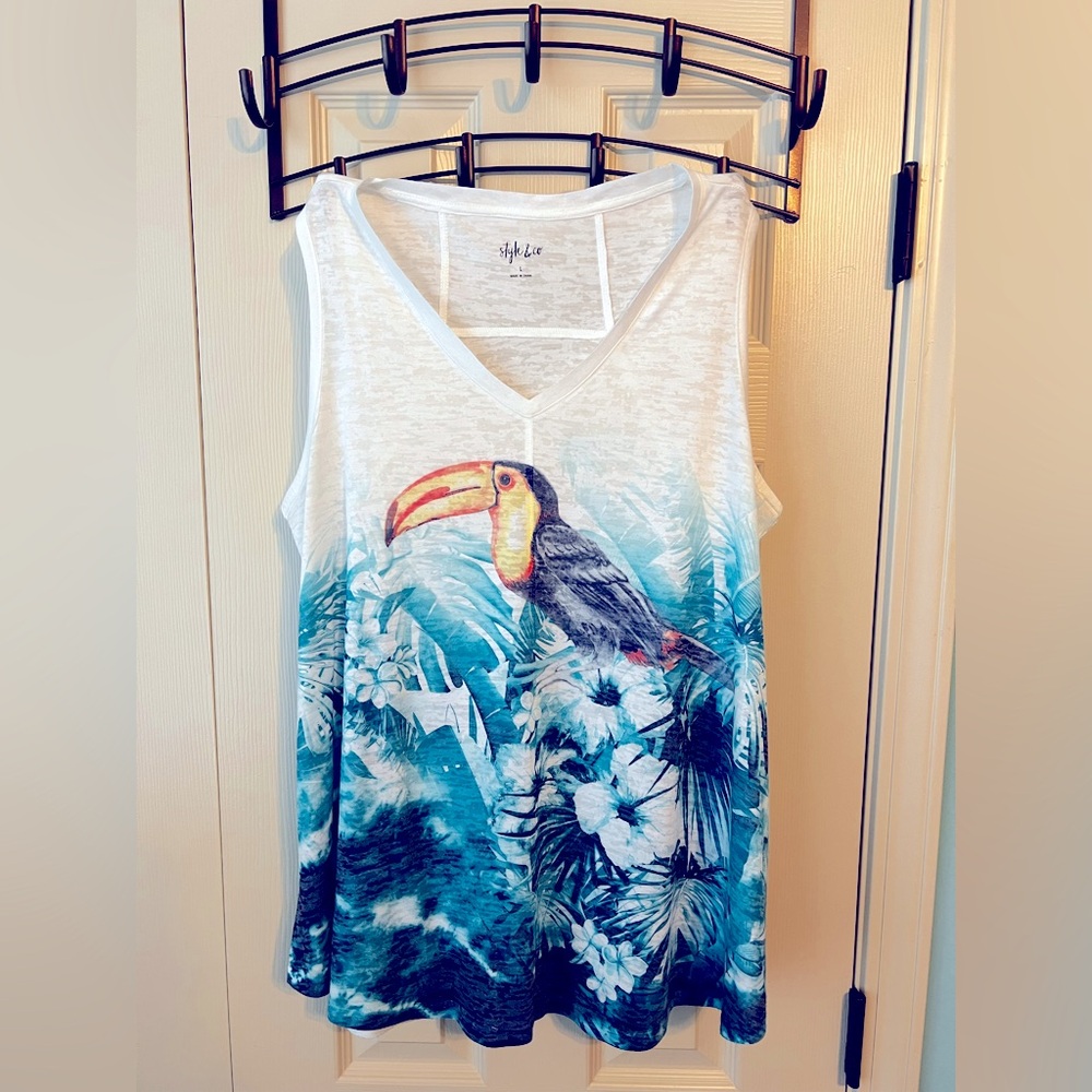 Style & Co Lightweight Sleeveless Top with Topical Flowers, Leaves & a Toucan